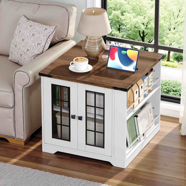 Maalaistalon päätypöytä latausasemalla, Suuri sohva sivupöytä sivuhyllyillä, Neliö yöpöytä lasi -ovella, Suuri yö seisoo olohuoneeseen, Valkoinen ja pähkinä