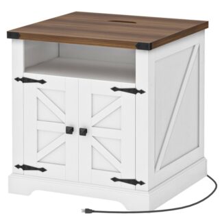 White Farmhouse End Table with Charging Station, 24" Large End Tables Living Room, Sofa Side Table with Barn Door, Wooden Square Nightstand Bedside Table, Flip Top, White and Walnut