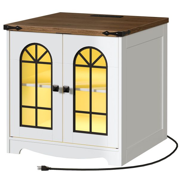 Farmhouse End Table, 60.0cm Large Square Side Tables with Charging Station and LED Lights, Large End Table for Living Room, Wooden Nightstand with Glass Barn Door, White and Walnut