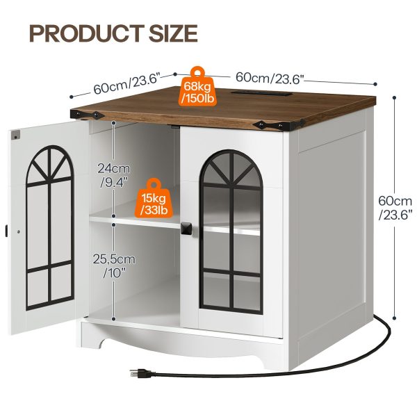 Farmhouse End Table, 60.0cm Large Square Side Tables with Charging Station and LED Lights, Large End Table for Living Room, Wooden Nightstand with Glass Barn Door, White and Walnut