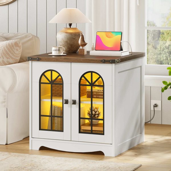 Farmhouse End Table, 60.0cm Large Square Side Tables with Charging Station and LED Lights, Large End Table for Living Room, Wooden Nightstand with Glass Barn Door, White and Walnut