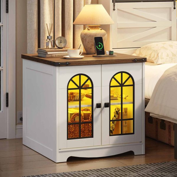 Farmhouse End Table, 60.0cm Large Square Side Tables with Charging Station and LED Lights, Large End Table for Living Room, Wooden Nightstand with Glass Barn Door, White and Walnut