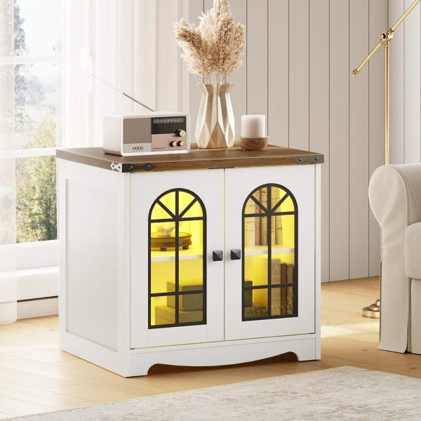 Farmhouse End Table, 60.0cm Large Square Side Tables with Charging Station and LED Lights, Large End Table for Living Room, Wooden Nightstand with Glass Barn Door, White and Walnut