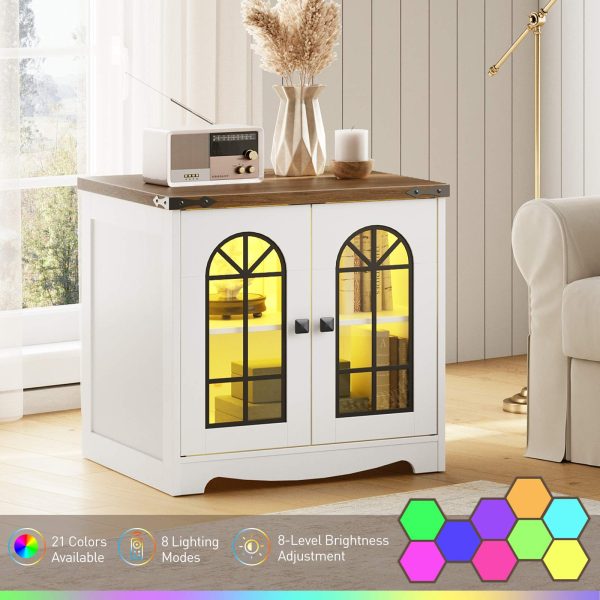 Farmhouse End Table, 60.0cm Large Square Side Tables with Charging Station and LED Lights, Large End Table for Living Room, Wooden Nightstand with Glass Barn Door, White and Walnut