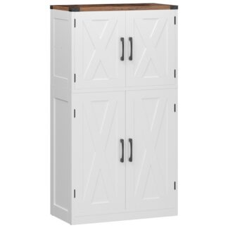 White and Walnut Bathroom Storage Cabinet, Wooden Floor Cabinet with 4 Doors and Adjustable Shelf, Cupboard Closet, Freestanding Cabinet for Bathroom, Living Room, Laundry