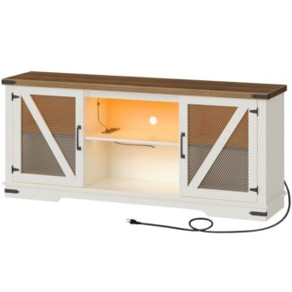 Maalaistalo -TV -osasto 75 Tuumainen TV, TV -jalusta LED -valot ja sähkökäyttöiset pistorasiat, Mediaviihdekeskus olohuoneeseen, TV -konsolipöytä, TV -teline säilytystilassa, Valkoinen ja pähkinä