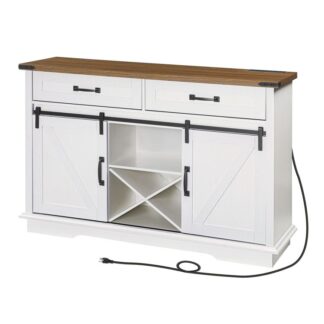 κρασί μπαρ με έξοδο ισχύος, 53.9-ίντσα καφέ μπαρ με 2 σώβρακο, συρόμενες πόρτες αχυρώνα, κατόχους κυπέλλου και σχήμα κρασιού σε σχήμα Χ, στυλ αγροικίας, λευκό και καρυδιά