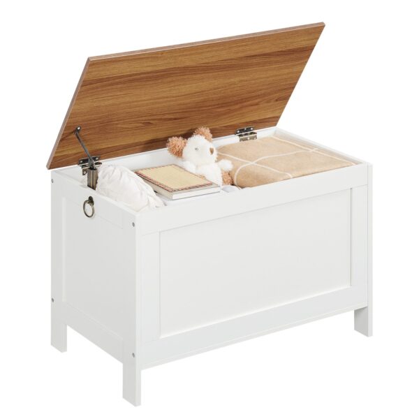 HOOBRO Spielzeugkiste, Aufbewahrungstruhe im Retro-Holz-Look mit Sicherheitsscharnier, Bankstützen für den Eingangsbereich 220 lb, 29.9 x 15.7 X 18.9 Zoll-Spielzeugtruhen-Organizer, Einfache Montage (Weiß und Walnuss)