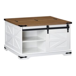 طاولة القهوة المزرعة, طاولة قهوة مربعة كبيرة لغرفة المعيشة, ارفع مربع طاولة القهوة العلوية, طاولة قهوة خشبية بيضاء مع باب الحظيرة, الفضاء المخفي, أبيض و