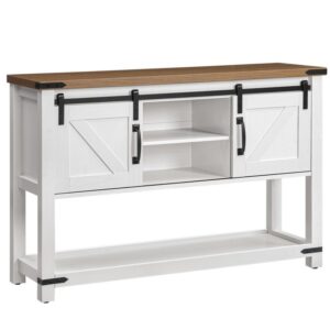 39.4" farmhouse entryway table with storage, narrow console table with open shelves and 2 cabinets, sofa table with sliding barn doors, for hallway, living room, vintage gray