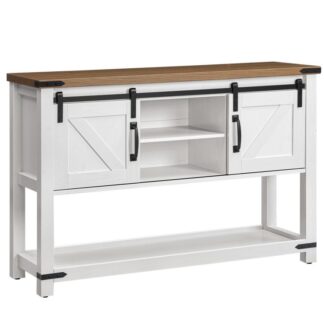 39.4" maalaistalon sisäänkäyntipöytä varastoinnilla, kapea konsolipöytä avoimilla hyllyillä ja 2 kaapit, sohvapöytä liukuvilla lato -ovilla, käytävälle, olohuone, valkoinen ja pähkinä