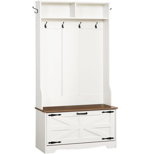 Hall Tree with Bench, Entryway Storage Combination with Coat Rack and Shoe Cabinet, Flip Drawers, Farmhouse-Style Entryway Organizer with Shoe Storage, Suitable for Mud Room, White and Walnut