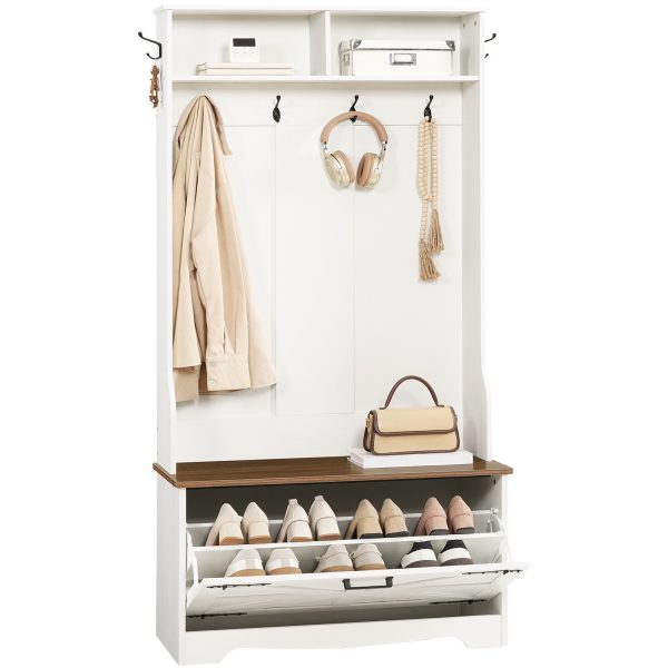 Hall Tree with Bench, Entryway Storage Combination with Coat Rack and Shoe Cabinet, Flip Drawers, Farmhouse-Style Entryway Organizer with Shoe Storage, Suitable for Mud Room, White and Walnut
