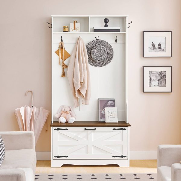 Hall Tree with Bench, Entryway Storage Combination with Coat Rack and Shoe Cabinet, Flip Drawers, Farmhouse-Style Entryway Organizer with Shoe Storage, Suitable for Mud Room, White and Walnut