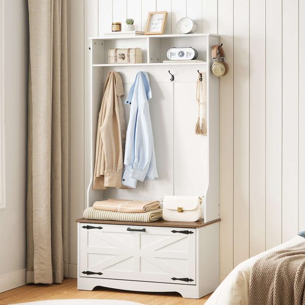 Hall Tree with Bench, Entryway Storage Combination with Coat Rack and Shoe Cabinet, Flip Drawers, Farmhouse-Style Entryway Organizer with Shoe Storage, Suitable for Mud Room, White and Walnut