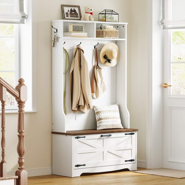 Hall Tree with Bench, Entryway Storage Combination with Coat Rack and Shoe Cabinet, Flip Drawers, Farmhouse-Style Entryway Organizer with Shoe Storage, Suitable for Mud Room, White and Walnut