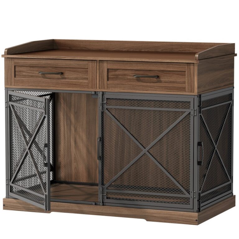 Orech a čierny nábytok pre prepravky pre psov, 43.3”Veľký psí chovateľská stanica so zásuvkami, Drevená klietka pre psie krytý bočný stôl pre veľké stredné psy, Dizajn trojitého dverí