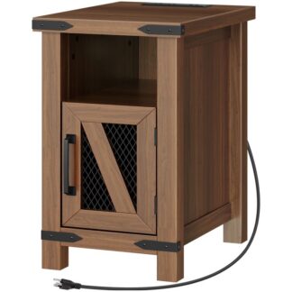 Maalaistalon kapea sivupöytä latausasemalla, Päätepöytä säilytyskaapilla, Yöpöytä USB -porttien ja pistorasioiden kanssa, pienille tiloille, Olohuone, Makuuhuone, Saksanpähkinä