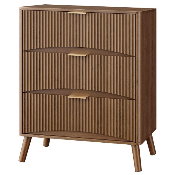 Walnut 3-Drawer Wooden Dresser, Organized Storage Cabinet with Wavy Panels, Suitable for Bedroom, Living Room, Hallway and Entryway