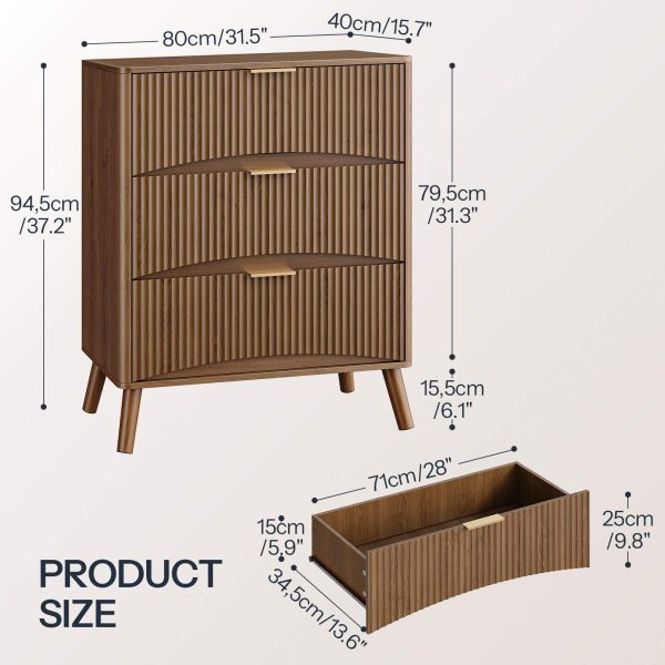Walnut 3-Drawer Wooden Dresser, Organized Storage Cabinet with Wavy Panels, Suitable for Bedroom, Living Room, Hallway and Entryway