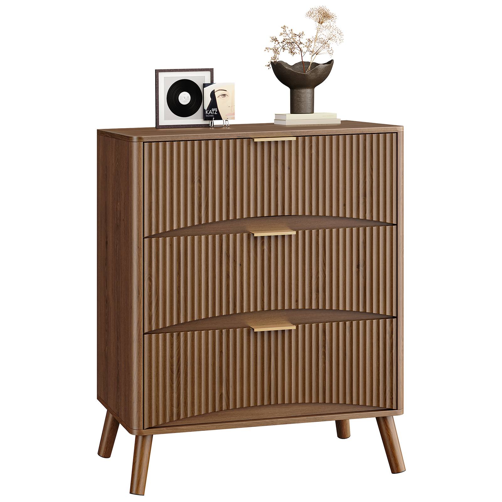 Walnut 3-Drawer Wooden Dresser, Organized Storage Cabinet with Wavy Panels, Подходит для спальни, Гостиная, Hallway and Entryway