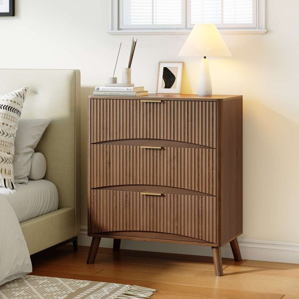Walnut 3-Drawer Wooden Dresser, Organized Storage Cabinet with Wavy Panels, Suitable for Bedroom, Living Room, Hallway and Entryway