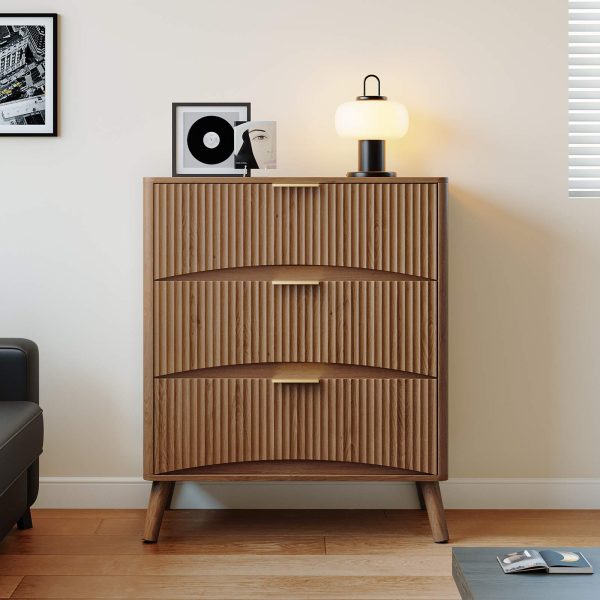Walnut 3-Drawer Wooden Dresser, Organized Storage Cabinet with Wavy Panels, Suitable for Bedroom, Living Room, Hallway and Entryway