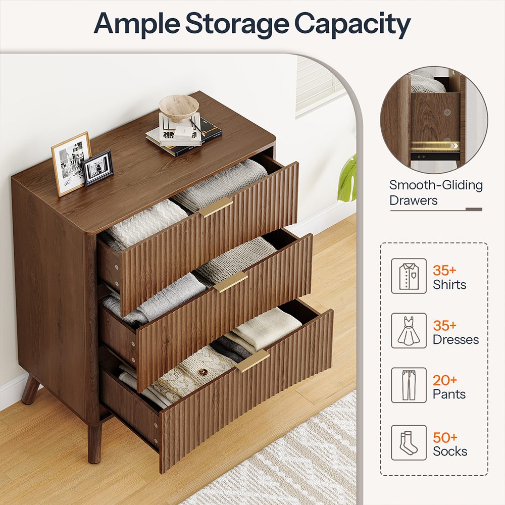Walnut 3-Drawer Wooden Dresser, Organized Storage Cabinet with Wavy Panels, Suitable for Bedroom, Living Room, Hallway and Entryway