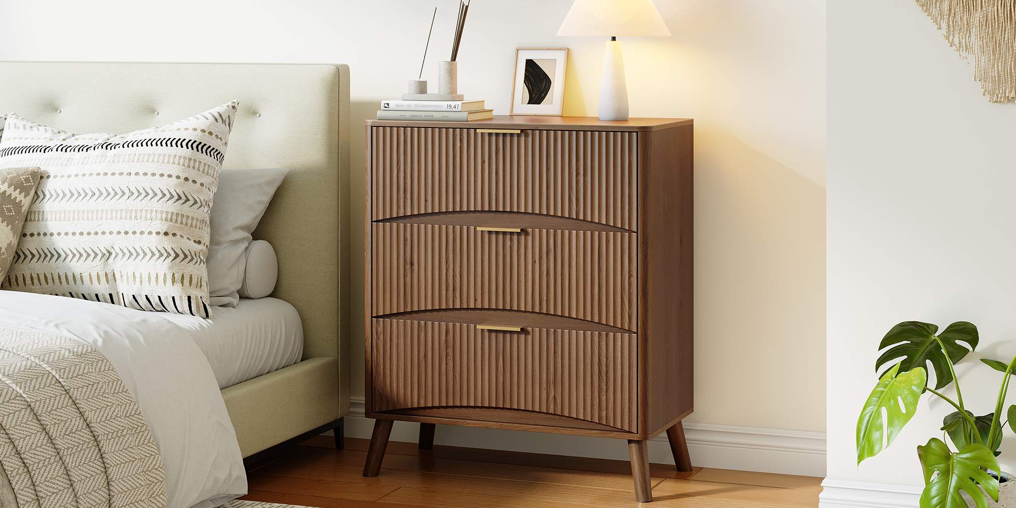 Walnut 3-Drawer Wooden Dresser, Organized Storage Cabinet with Wavy Panels, Suitable for Bedroom, Living Room, Hallway and Entryway