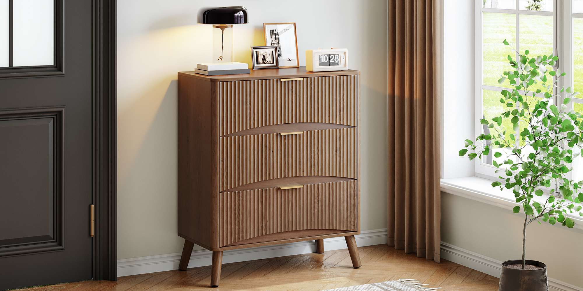 Walnut 3-Drawer Wooden Dresser, Organized Storage Cabinet with Wavy Panels, Suitable for Bedroom, Living Room, Hallway and Entryway