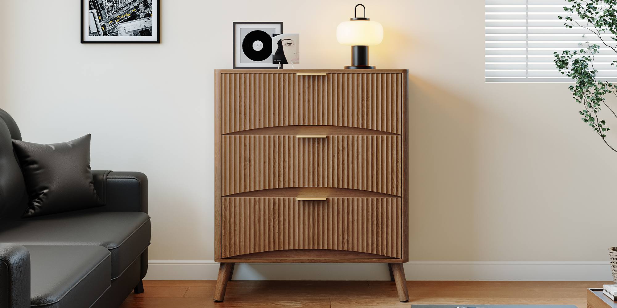 Walnut 3-Drawer Wooden Dresser, Organized Storage Cabinet with Wavy Panels, Suitable for Bedroom, Living Room, Hallway and Entryway