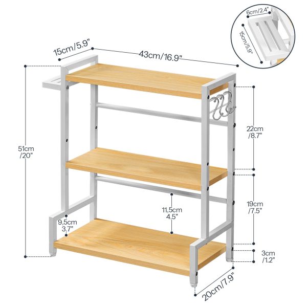 3-رف توابل من الطبقة مع 3 السنانير وحامل السكاكين, منظم المطبخ كونترتوب, تخزين متعدد الوظائف للتوابل, أواني, مناسبة للمطبخ, غرفة العشاء, حمام, خشب & أبيض