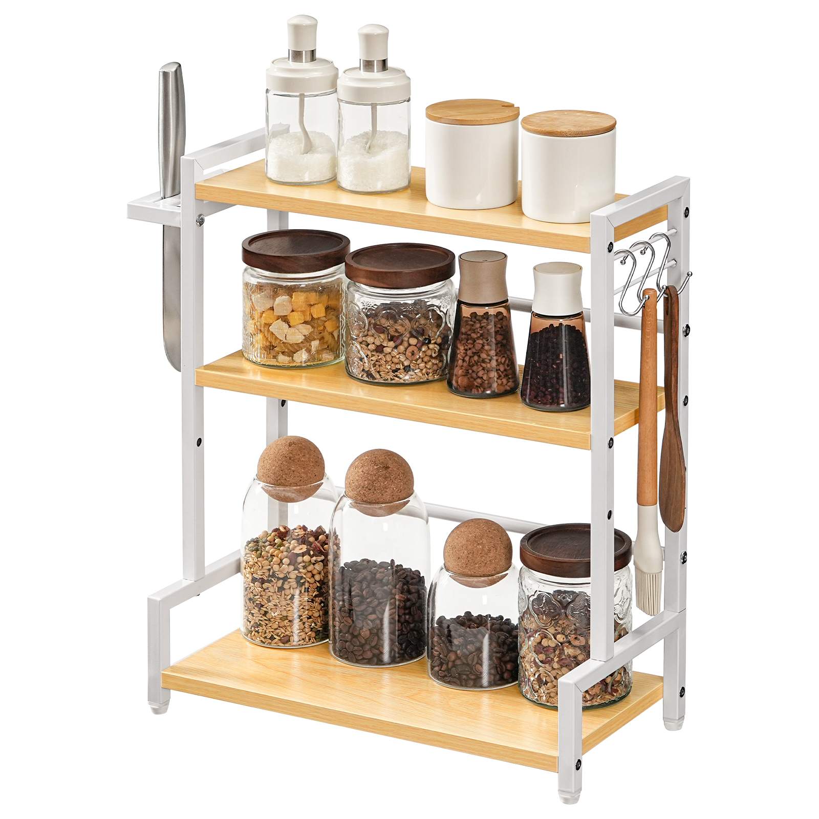 3-رف توابل من الطبقة مع 3 السنانير وحامل السكاكين, منظم المطبخ كونترتوب, تخزين متعدد الوظائف للتوابل, أواني, مناسبة للمطبخ, غرفة العشاء, حمام, خشب & أبيض