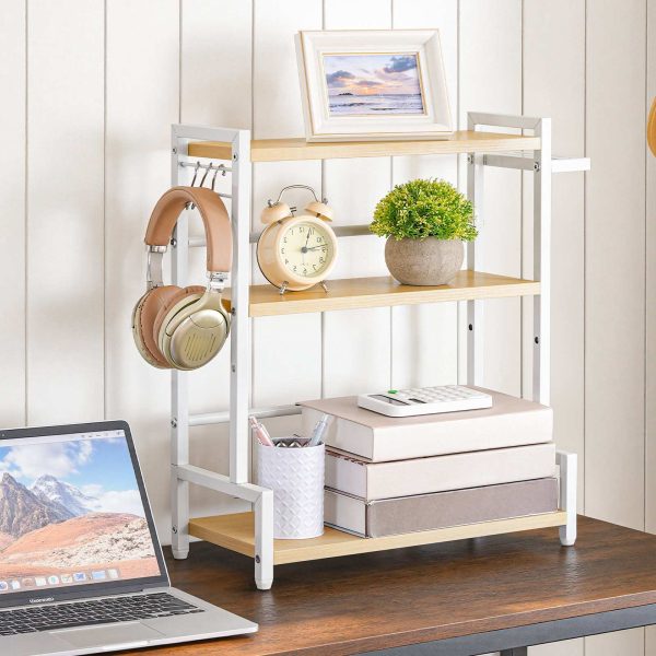 3-رف توابل من الطبقة مع 3 السنانير وحامل السكاكين, منظم المطبخ كونترتوب, تخزين متعدد الوظائف للتوابل, أواني, مناسبة للمطبخ, غرفة العشاء, حمام, خشب & أبيض