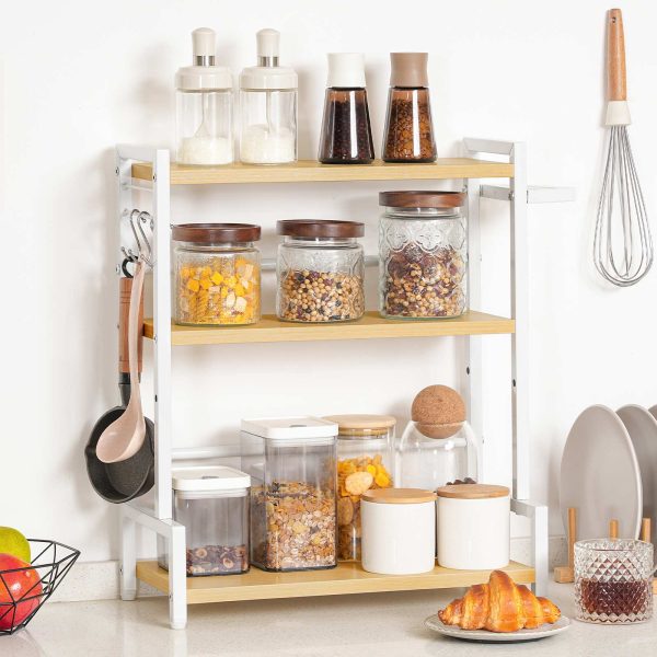 3-رف توابل من الطبقة مع 3 السنانير وحامل السكاكين, منظم المطبخ كونترتوب, تخزين متعدد الوظائف للتوابل, أواني, مناسبة للمطبخ, غرفة العشاء, حمام, خشب & أبيض