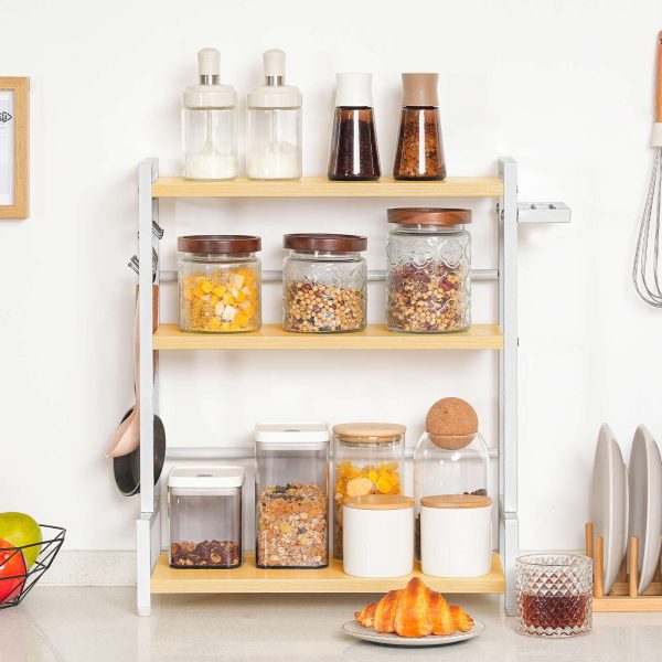 3-رف توابل من الطبقة مع 3 السنانير وحامل السكاكين, منظم المطبخ كونترتوب, تخزين متعدد الوظائف للتوابل, أواني, مناسبة للمطبخ, غرفة العشاء, حمام, خشب & أبيض