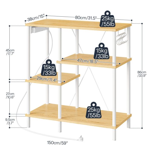 Kitchen Standing Shelf with Sockets, Baker's Rack with 5 S-Hooks, Microwave Storage Shelf with Worktop, Multifunctional Storage Unit for Kitchen and Living Room