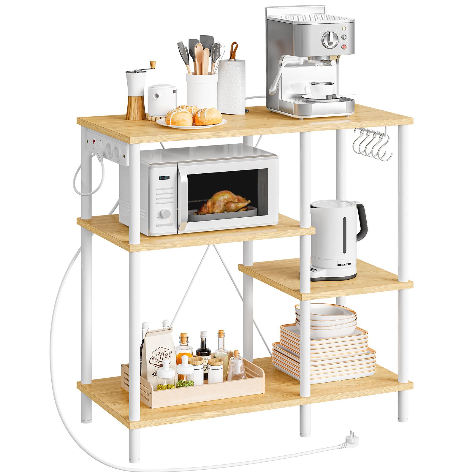 Kitchen Standing Shelf with Sockets, Baker's Rack with 5 S-Hooks, Microwave Storage Shelf with Worktop, Multifunctional Storage Unit for Kitchen and Living Room