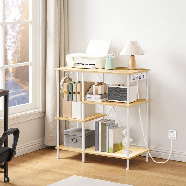 Kitchen Standing Shelf with Sockets, Baker's Rack with 5 S-Hooks, Microwave Storage Shelf with Worktop, Multifunctional Storage Unit for Kitchen and Living Room