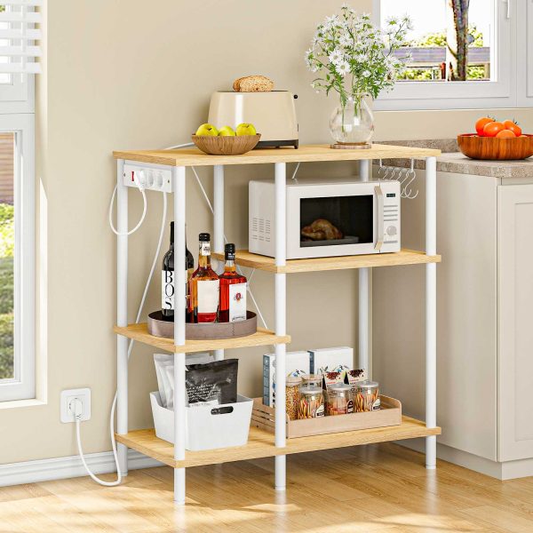Kitchen Standing Shelf with Sockets, Baker's Rack with 5 S-Hooks, Microwave Storage Shelf with Worktop, Multifunctional Storage Unit for Kitchen and Living Room