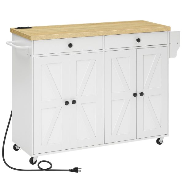 43.3-Inch Rolling Kitchen Island with Power Outlet, Mobile Storage Cart with Spice Rack & Hooks, Multi-Functional for Dining & Living Room, White & Natural Finish
