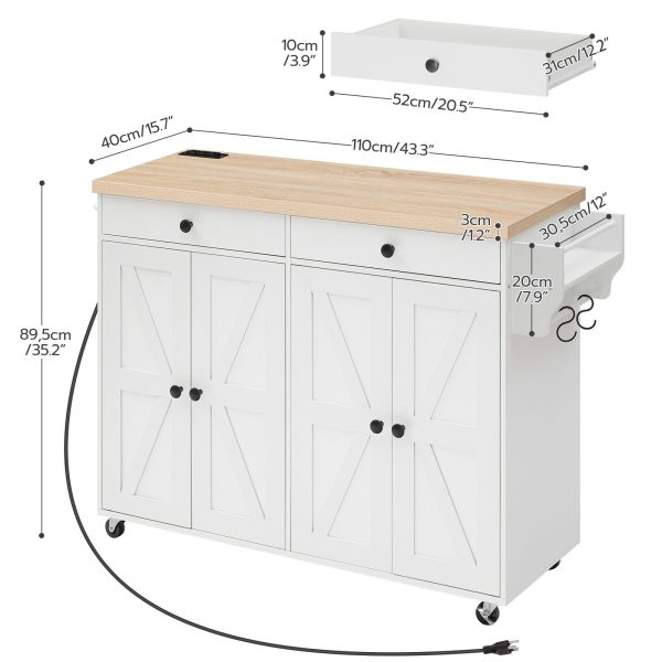 43.3-Inch Rolling Kitchen Island with Power Outlet, Mobile Storage Cart with Spice Rack & Hooks, Multi-Functional for Dining & Living Room, White & Natural Finish