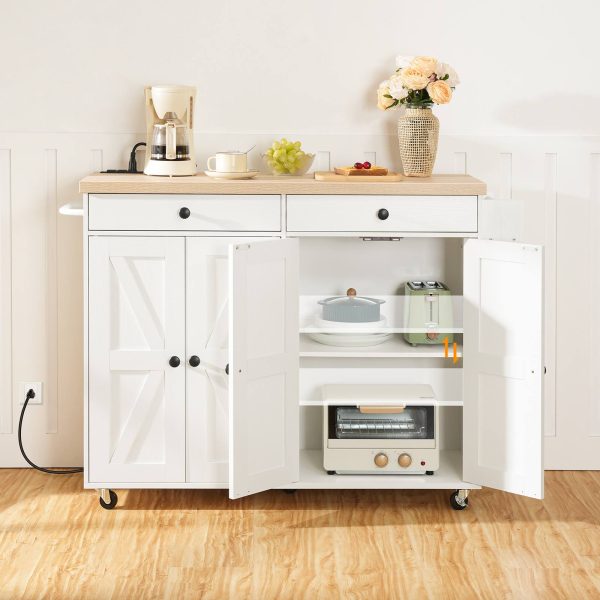43.3-Inch Rolling Kitchen Island with Power Outlet, Mobile Storage Cart with Spice Rack & Hooks, Multi-Functional for Dining & Living Room, White & Natural Finish