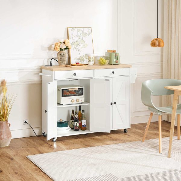 43.3-Inch Rolling Kitchen Island with Power Outlet, Mobile Storage Cart with Spice Rack & Hooks, Multi-Functional for Dining & Living Room, White & Natural Finish