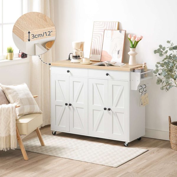 43.3-Inch Rolling Kitchen Island with Power Outlet, Mobile Storage Cart with Spice Rack & Hooks, Multi-Functional for Dining & Living Room, White & Natural Finish