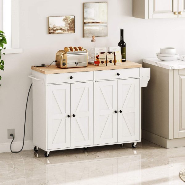 43.3-Inch Rolling Kitchen Island with Power Outlet, Mobile Storage Cart with Spice Rack & Hooks, Multi-Functional for Dining & Living Room, White & Natural Finish