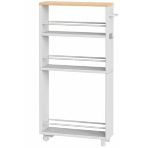 4-tier slim storage cart, narrow kitchen storage cart with wheels and legs, slim rolling storage cart with handle and hooks for bathroom, laundry room, white and natural