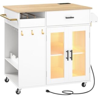 جزيرة المطبخ مع مخرج طاقة, جزيرة المطبخ على عجلات, عربة جزيرة المطبخ الدوارة مع ضوء LED, سطح عمل كبير, الدرج, أرفف مفتوحة وحاملات أكواب, أبيض وطبيعي