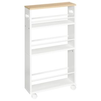 عربة ضيق للمطبخ, 45 x 15 س 80 سم, المطبخ يقدم عربة مع 4 المستويات, رف المطبخ مع 360 العجلات الدوارة والسور, من السهل التجميع, قوي, صناعي, أبيض وطبيعي