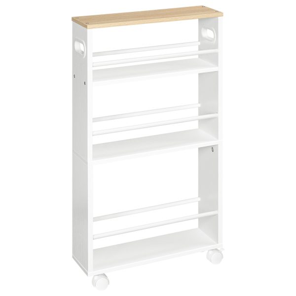 Chariot de cuisine étroit, 4-Chariot de service de cuisine à niveaux avec roues rotatives à 360° et garde-corps, Étagère de rangement robuste de style industriel, Facile à assembler, Blanc & Naturel